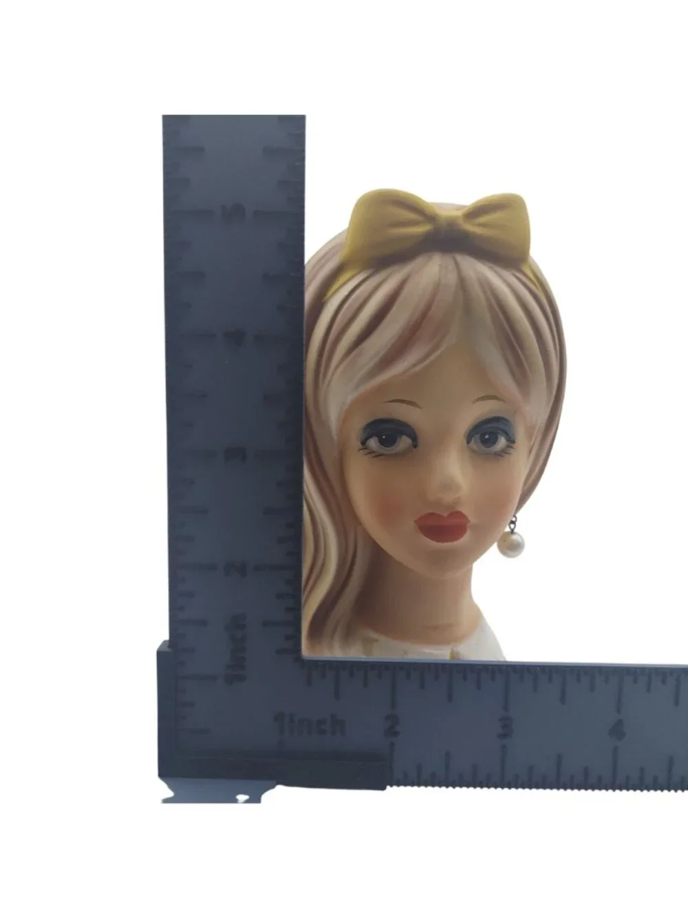 Napcoware Head Vase Lady Teen Ceramic Blonde Yellow Bow Pearl Earring MCM C8493